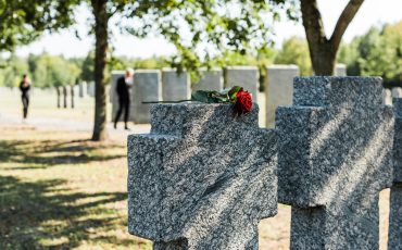 shadows on concrete gravestones with red rose in cemetery